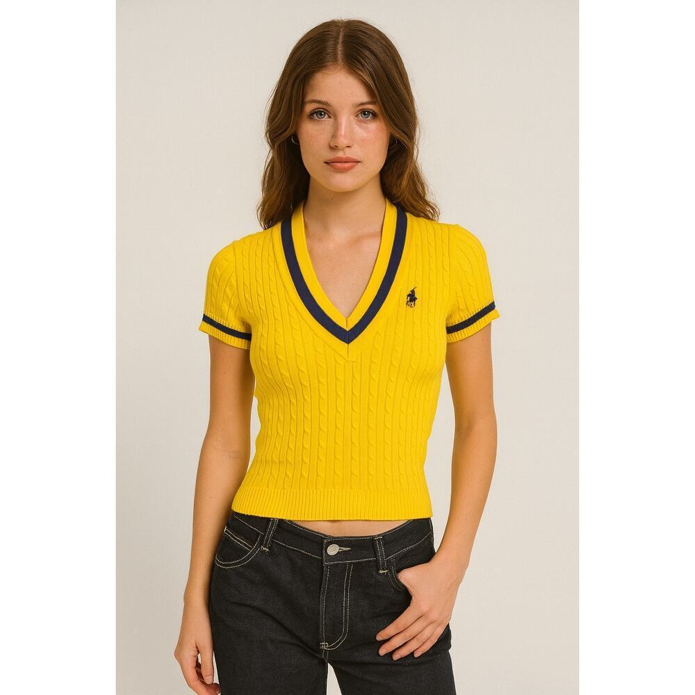 Ralph Lauren Sport Vintage 90s VNeck Cable Knit T-Shirt Yellow Women's Sze Small